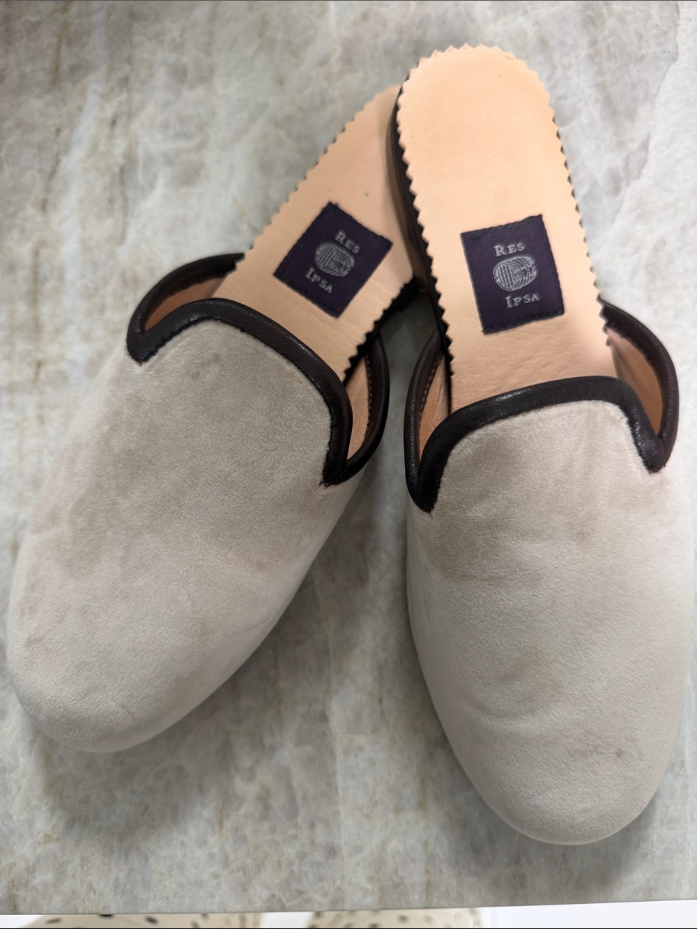 Res Ipsa Beige Suede Slip-On Mules with Black/dark brown Trim